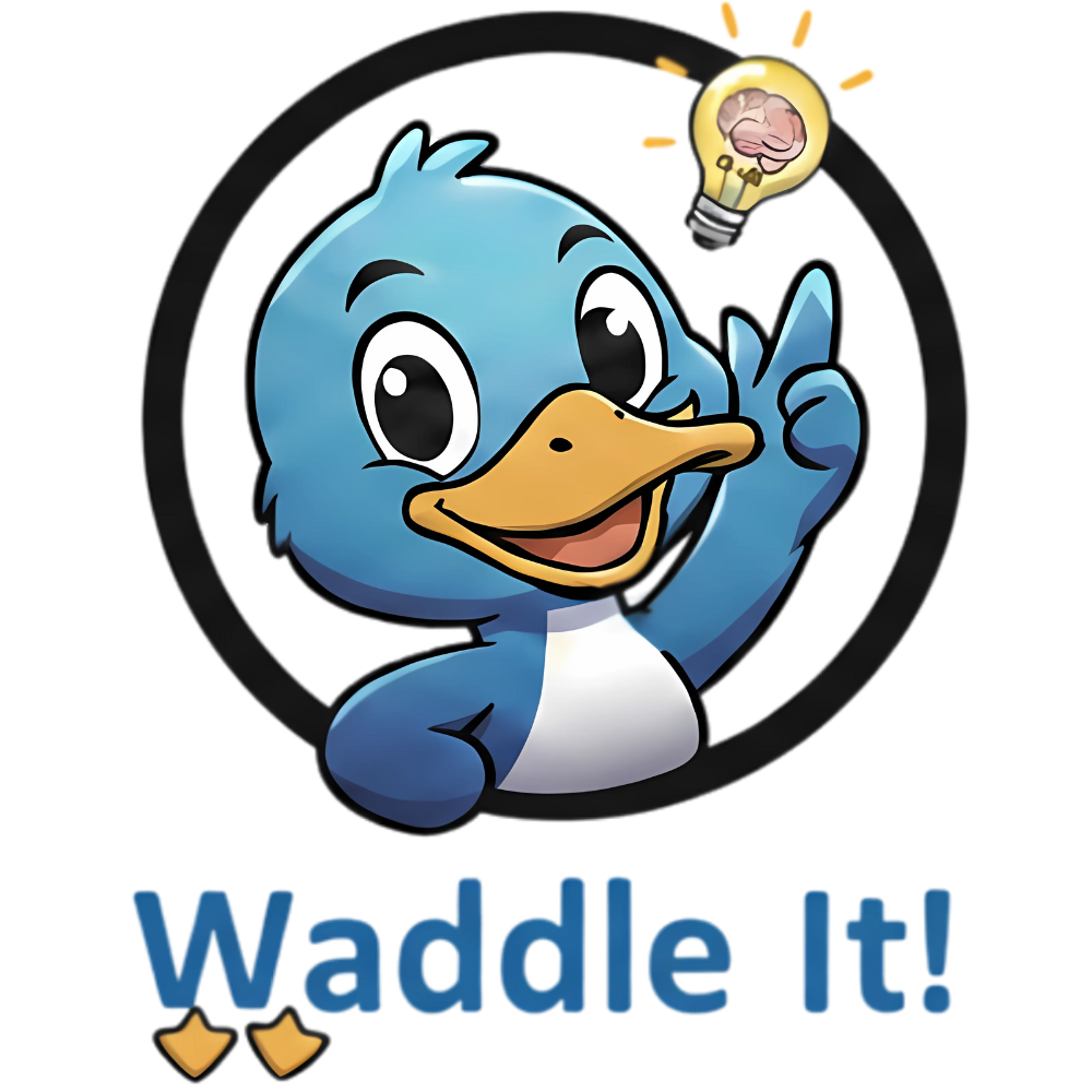 Waddle It! Logo featuring a friendly blue cartoon duck.
